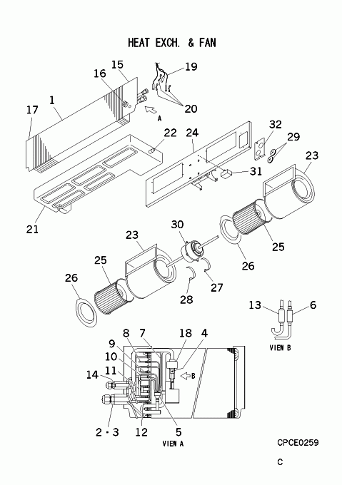 B: Wärmeübertrager und Ventilator